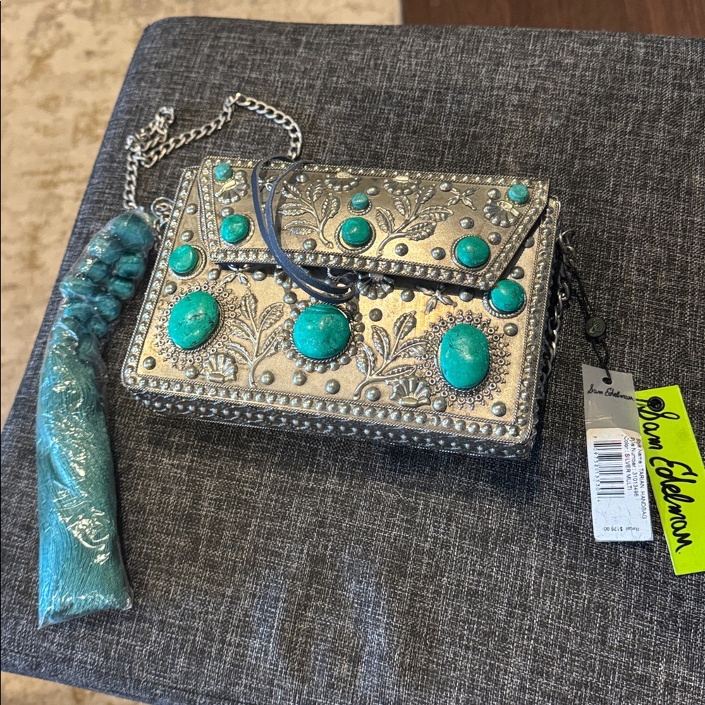 Sam Edelman Silver and Turquoise Embellished Clutch